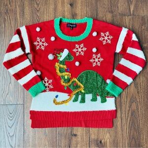 Target 33 Degrees Dinosaur Red and Green Striped Ugly Christmas Sweater